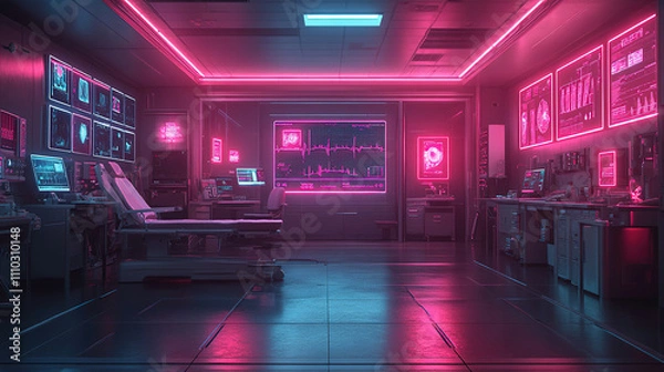 Fototapeta High-tech medical lab illuminated with neon pink lights showcasing advanced equipment and screens in a futuristic setting. Generative AI