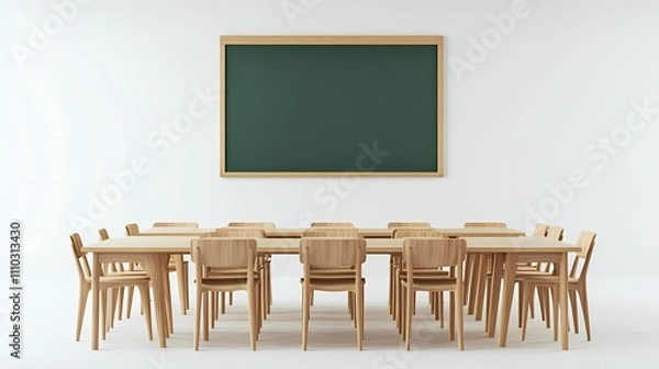 Fototapeta Bright and Spacious Classroom with Wooden Furniture, Large Chalkboard, and Simple Design Ideal for Educational Settings and Collaborative Learning Environments