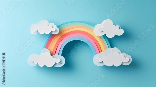 Fototapeta Colorful Paper Cut Rainbow with Fluffy Clouds on a Bright Blue Background for Creative Projects and Decorative Purposes