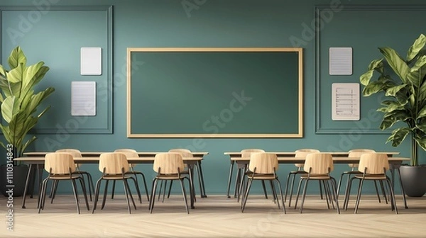 Fototapeta Modern Classroom Interior Featuring Green Walls, Wooden Desks, Stylish Chairs, and Green Plants, Ideal for Educational and Learning Environments