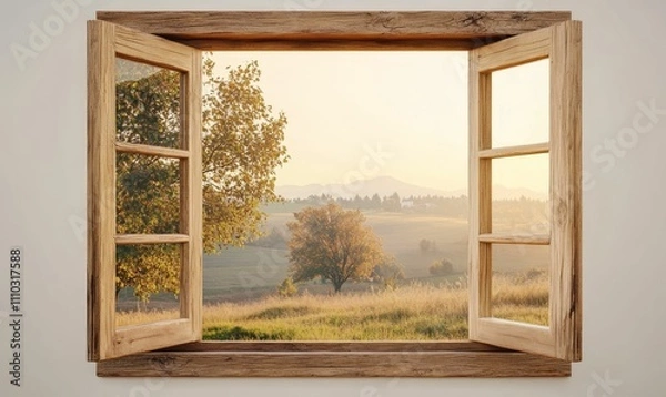 Obraz Rustic window, autumnal field, distant mountains.