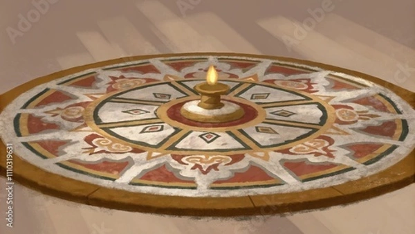 Fototapeta A circular mandala made of intricate patterns in bold hues radiating outward. In the heart of the mandala a golden flame flickers representing the warmth and light that forgiveness. Cartoon