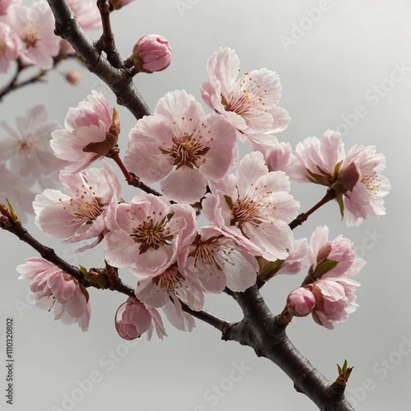 Fototapeta A high-resolution PNG image of a cherry blossom branch featuring delicate pink flowers in full bloom. 