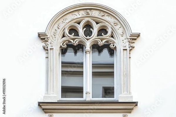 Fototapeta Ornate stone window, arched top, white wall.