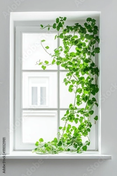 Obraz White window, vibrant green vine, bright room.