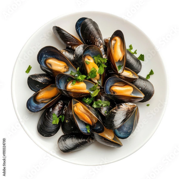 Fototapeta A plate of mussels with parsley on top Transparent Background