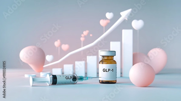 Fototapeta GLP-1 Syringe and Vial on Clean Surface with Healthcare Progress Symbolized by Bar Graph. hormone therapy benefits, glp1 copy space background