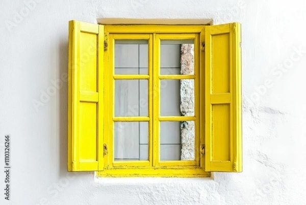 Fototapeta Bright yellow window shutters open on white wall.
