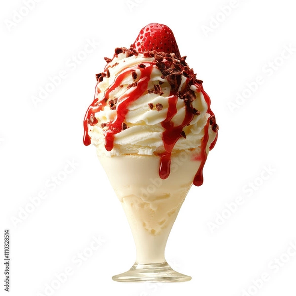Obraz A delicious ice cream sundae topped with chocolate, syrup, and a fresh strawberry.
