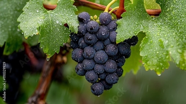 Fototapeta A cluster of dark grape glistening with water droplets on a vine, showcasing freshness and ripeness.