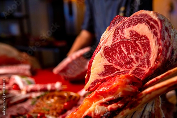 Obraz Multiple raw and seasoned meat goods set of on a wooden board and metal table. Butchers hands slicing steaks from raw pork meat. Man hands cutting pieces of pork meat for barbecue.