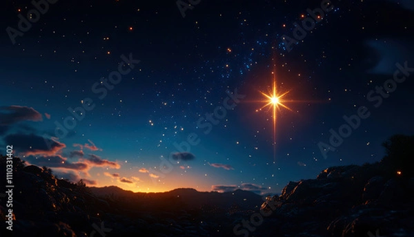 Fototapeta A serene night sky illuminated by a bright star over a tranquil landscape at dusk.