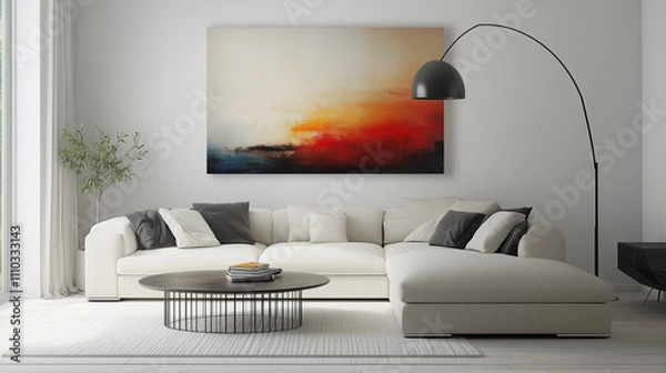 Fototapeta single bold focal point, such as a large abstract painting or a unique piece of furniture, anchoring the design. The space balances contrasting styles with clean lines, neutral tones