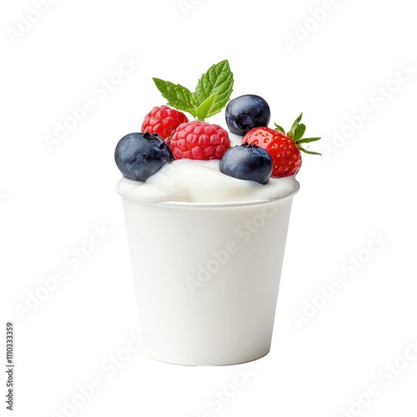 Obraz A cup of creamy yogurt topped with fresh raspberries, blueberries, and a sprig of mint.