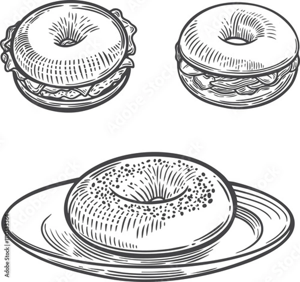 Obraz  Bagels line drawing illustrations isolated on white background.