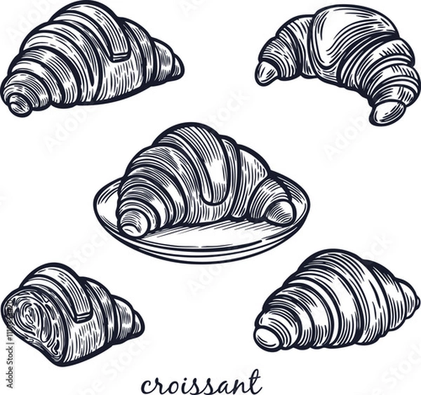 Obraz  Croissant bakery engraved vintage vector illustration.