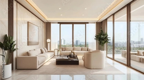 Fototapeta A living room styled with soft beige furniture, embodying elegance and comfort, set within a luxury interior of a modern apartment. The design follows a minimalist aesthetic, with a focus on clean 
