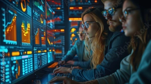 Obraz A team of focused analysts monitors data visuals on screens, showcasing technology and collaboration in a high-tech environment.