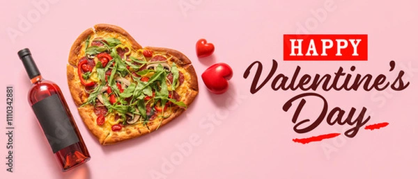 Fototapeta Tasty heart shaped pizza with arugula and bottle of wine on pink background