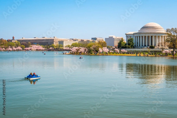 Obraz Widok z szerokim kątem podróży w Waszyngtonie łodzi na rzece Potomac w pobliżu Jefferson Memorial