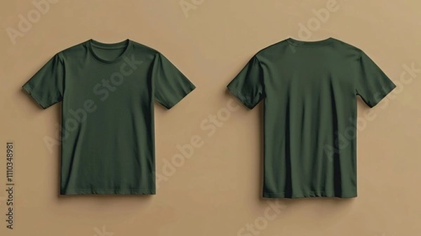 Fototapeta Front and back views of a forest green T-shirt mockup isolated on a beige background