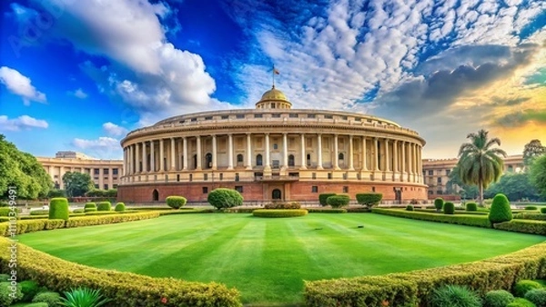 Obraz Majestic Circular Dome of Indian Parliament Building Against Blue Sky with Lush Green Lawns in the Foreground – A Panoramic View of Architectural Elegance