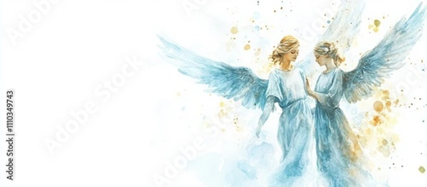 Fototapeta Watercolor illustration of angels and an angel blowing a trumpet, Easter theme, Christ is Risen on a white background, with copy space for design.