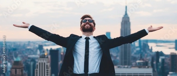 Fototapeta Confident businessman enjoying city view on high rooftop with open arms and sunglasses against urban skyline and Empire State Building