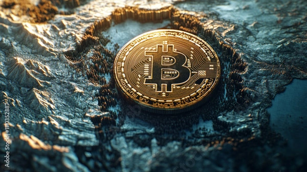Obraz a bitcoin coin on a political map of North America, on the territory of the united states, use of cryptocurrency worldwide, economic power, crypto