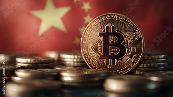 Obraz 3d illustration of bitcoin over coins stacks background with china flag 