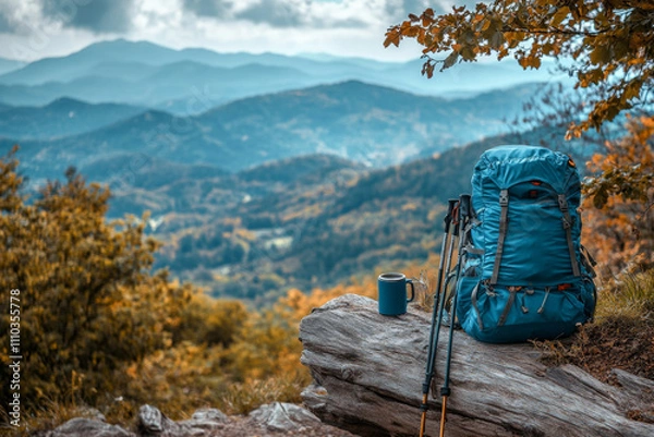 Obraz A backpack and trekking poles rest against a rustic log, alongside a mug, overlooking a scenic mountain view. The setup captures the essence of a peaceful hiking