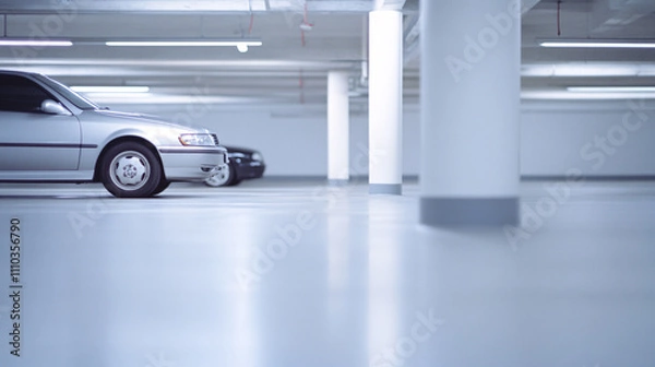 Fototapeta A bright parking garage scene showcasing a silver sedan with a sunroof parked on the left. A white support column stands prominently in the background between the cars. The lighting reflects off the