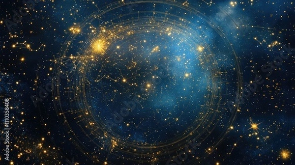 Obraz Zodiac wheel of golden stars glowing in a vivid night sky full of constellations, evoking celestial wonder.