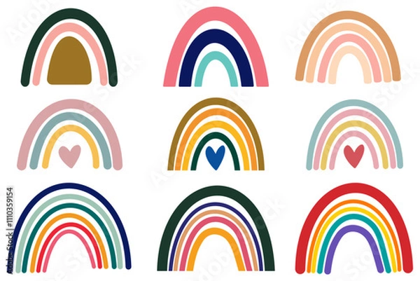 Fototapeta Boho rainbows abstract shapes set, silhouette of rainbow vector illustration, rainbows with clouds, abstract hand drawn collection. glyph nature weather elements for poster, print, card or books.