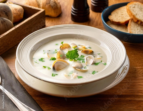 Fototapeta A creamy clam chowder garnished with fresh parsley and tender clams is served in a porcelain plate alongside crusty bread and spices on a wooden table.
