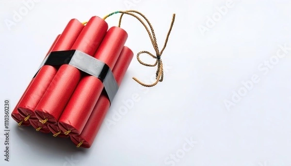 Fototapeta Dynamite is an explosive made of nitroglycerin, sorbents such as powdered shells or clay, and stabilizers in long red form of cardboard cylinders. Isolated on white background with copy space