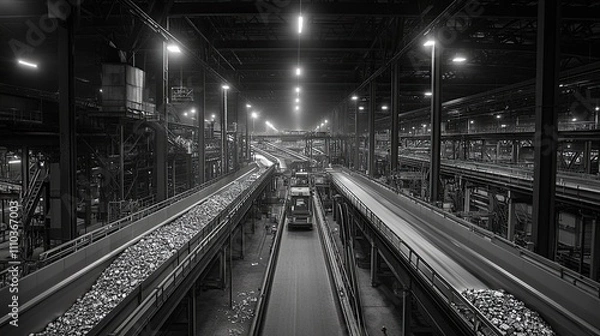 Fototapeta A recycling plant with rows of conveyor belts sorting various materials. -