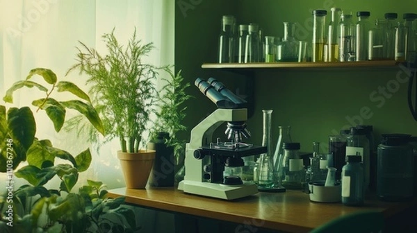 Obraz  laboratory table with a microscope on a wooden table