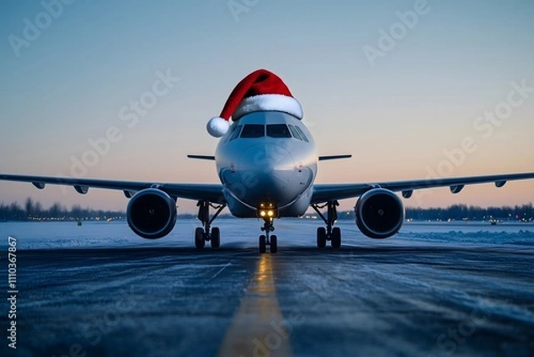Fototapeta Photo of an airplane with a santa hat on the airport.