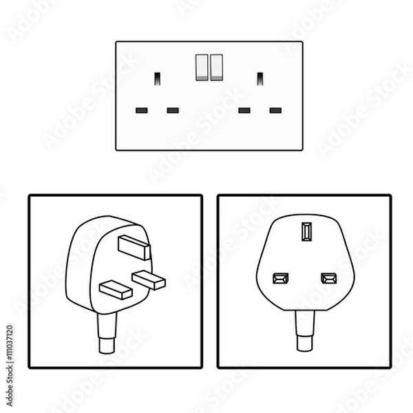Obraz wtyczka i gniazdo brytyjskie. Zestaw ikon 3 wtyczki 3 pin. Gniazdo brytyjskie. Energia elektryczna. ilustrowana grafika wektorowa. Trzy pinowe gniazdo sheme na białym tle grafiki wektorowej. prosty schemat elektryczny