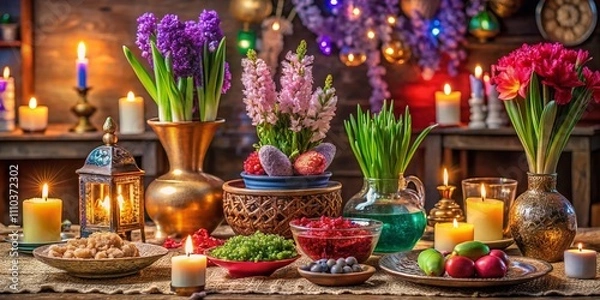 Fototapeta Persian New Year Celebration in Low Light: A Beautiful Table Setting with Haft-Seen Items, Candles, and Traditional Decor for Nowruz Festivities