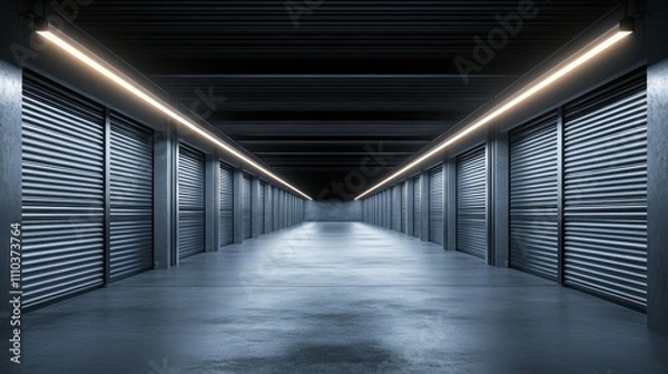 Fototapeta A modern, illuminated storage facility corridor showcasing metallic doors and a polished concrete floor, creating a sleek, industrial atmosphere.