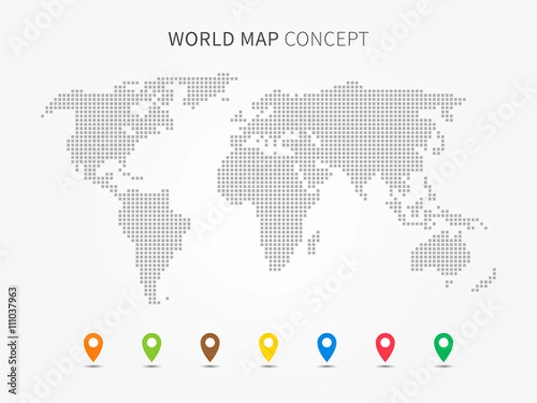 Obraz Plansza mapa świata z ilustracji wektorowych kolorowe wskaźniki. Mapa świata współczesnego z grafiką pinów. Międzynarodowy układ mapy świata. Koncepcja kreatywnej mapy globalnej.