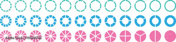 Fototapeta Pie chart infographic set. Pie charts circle 1, 2, 3, 4, 5, 6 options part diagram collection. Pie chart flat icon for apps and websites. Infographic segment or sections parts. Vector illustration