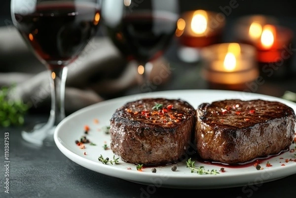 Fototapeta Romantic Dinner for Two Intimate Setting Food Photography Candlelit Ambiance Close-Up View Valentine’s Day Steak Experience