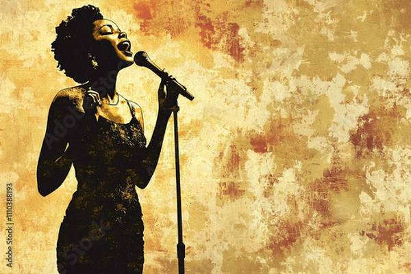 Fototapeta Female jazz singer passionately performing with a vintage microphone, set against a textured, warm-toned background. Capturing the essence of music, soul, and expression. Generative AI.