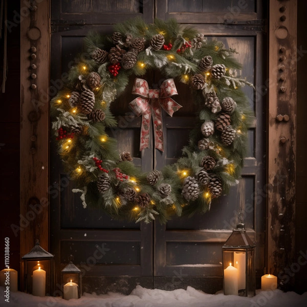 Fototapeta Image of a beautifully crafted Christmas wreath hanging on a rustic wooden door. Cozy, seasonal atmosphere. Warm holidays. 