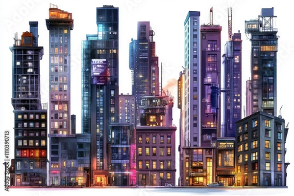Fototapeta This stunning digital artwork showcases a bustling urban skyline, filled with colorful skyscrapers illuminated at night, highlighting the vibrant life and energy of a modern city.