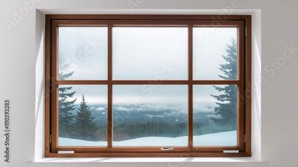 Fototapeta A wooden window frame with six panes offers a view of a snowy landscape, featuring pine trees and a cloudy sky.