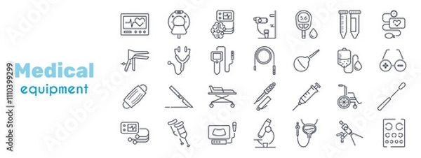 Fototapeta Medical equipment, devices, tools line icon set. Colonoscope, endoscope, tonomert, glucometer, scalpel, curette, speculum, enema, insulin pen, glasses, slit lamp vector illustration. Editable Strokes